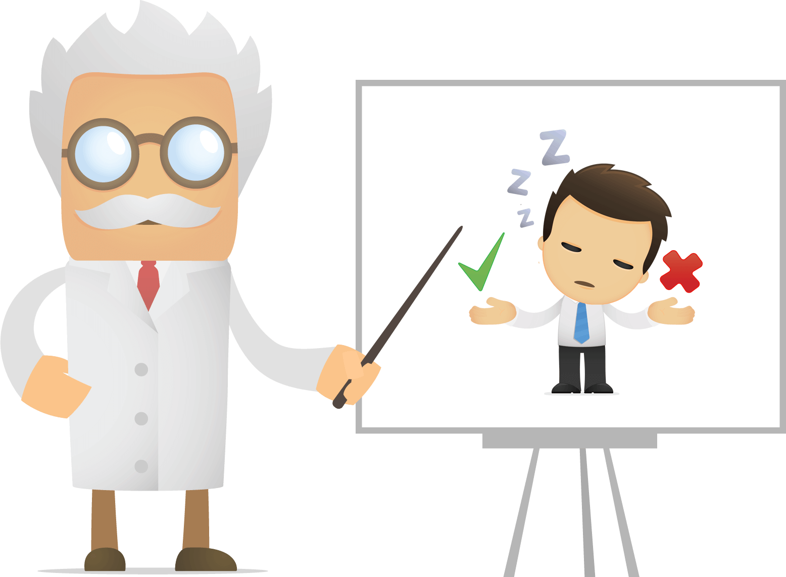 Professor at whiteboard with sleepy undecided person