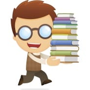 Character carrying a pile of books